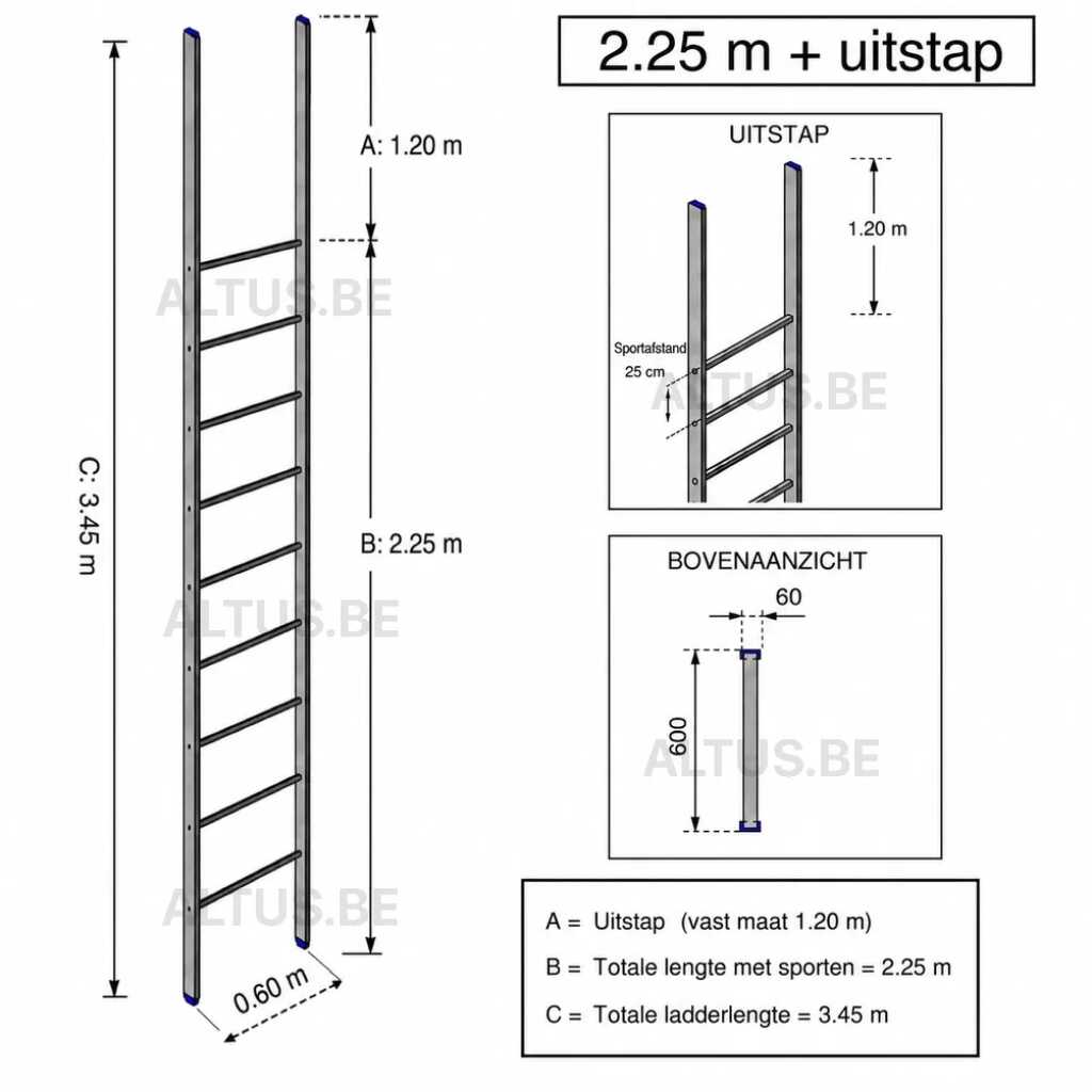 Noodladder 2.25 m - met uitstap 1.20 m