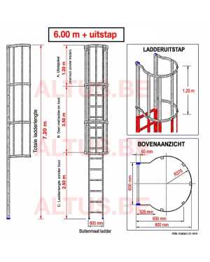 Noodladder met kooi uitstap op 6.00m + 1.20m leuning met kooi - 7.20m