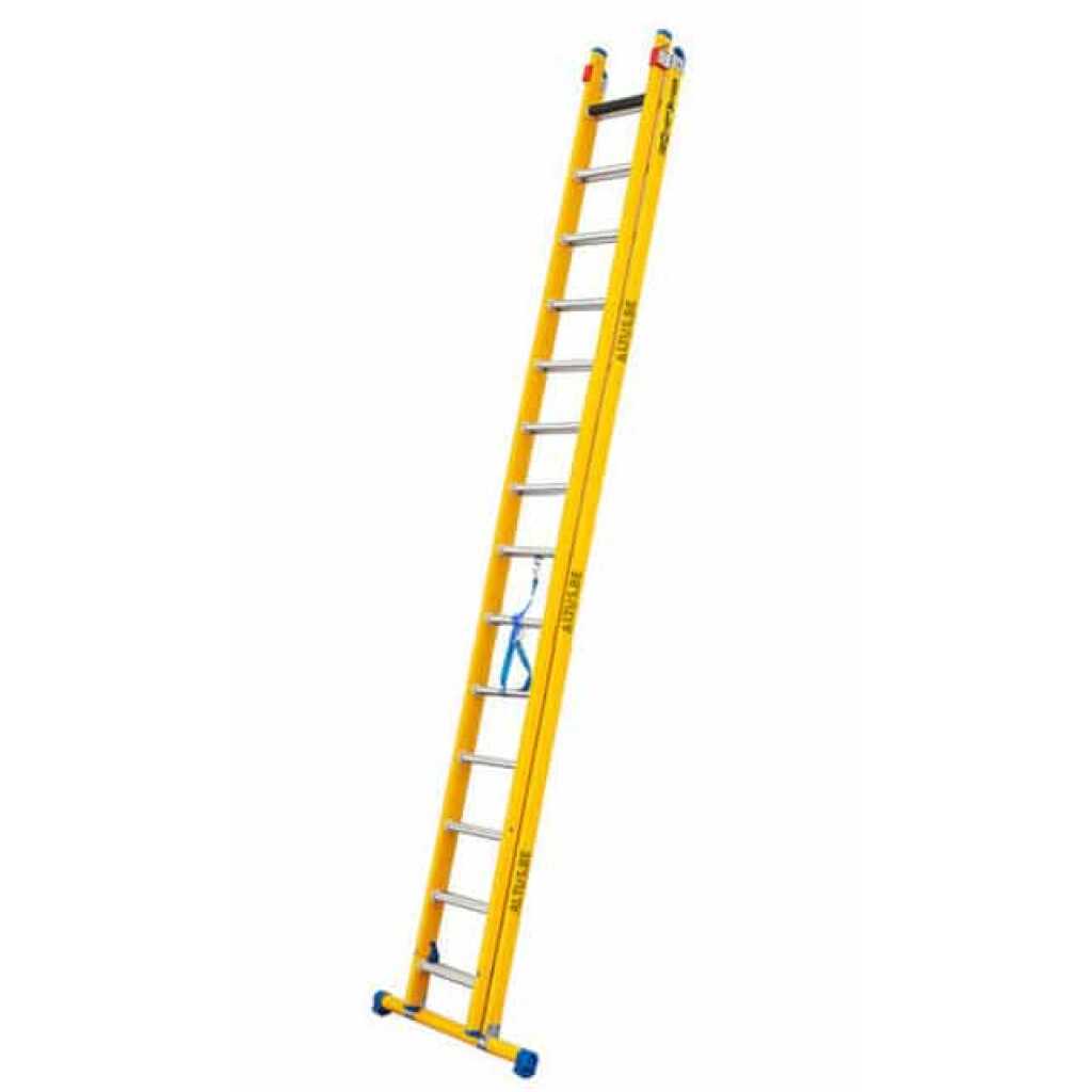 2-delige glasvezel omvormladder 2x14 alu sporten met stabilisatiebalk