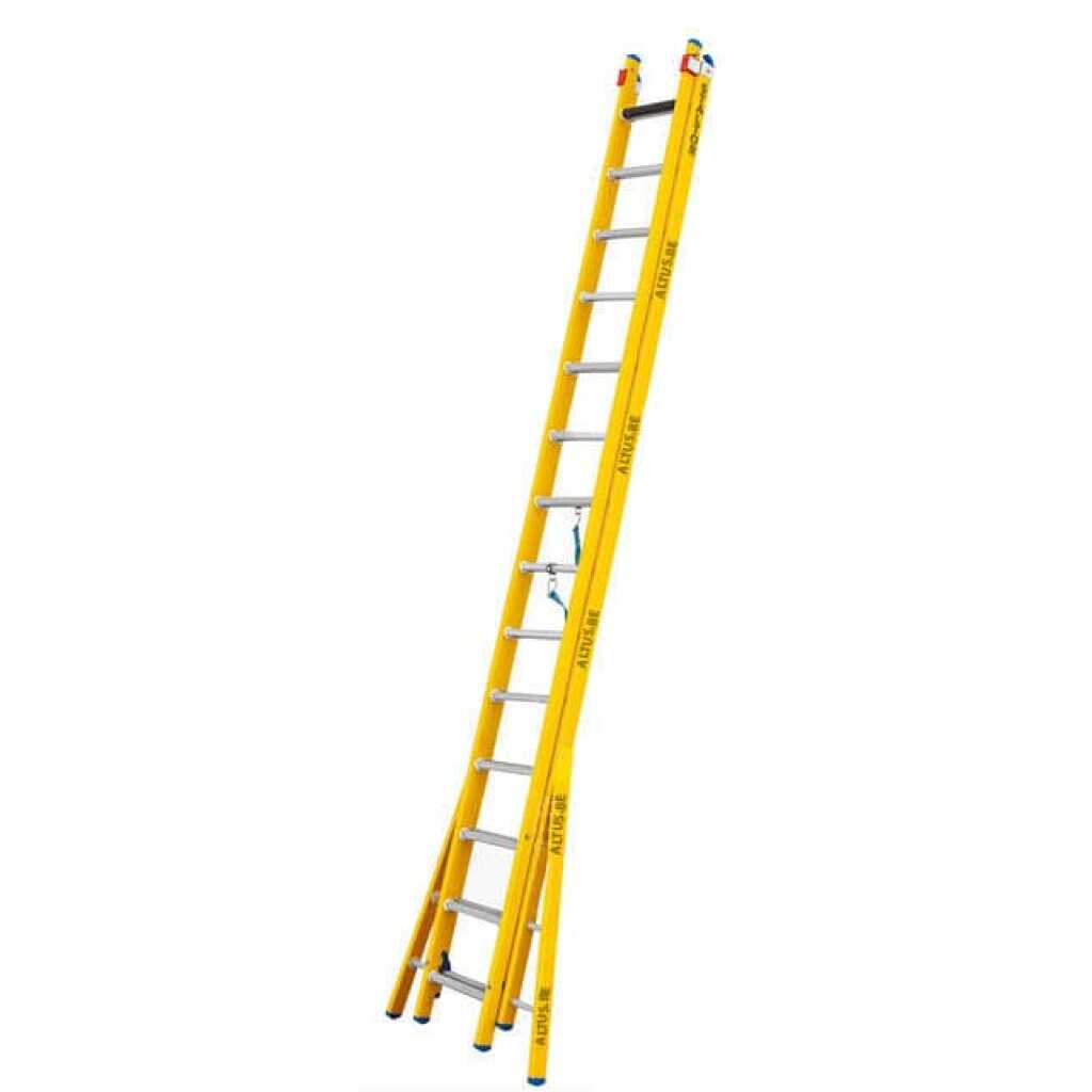 2-delige glasvezel omvormladder 2x14 alu sporten met verbrede basis opengaande bomen