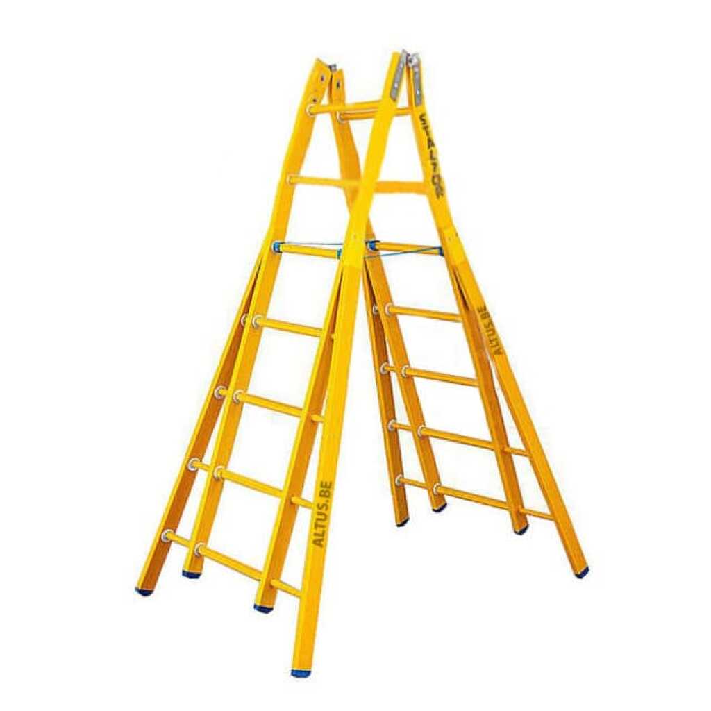 2-delige glasvezel scharnierladder 2x7 sporten met verbrede basis opengaande bomen