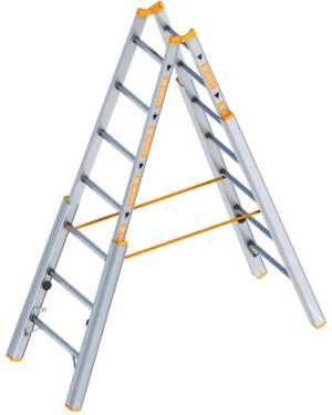 Layher 2x7 Telescopische dubbele scharnierladder met 4 uitschuifbare poten - 2.10m