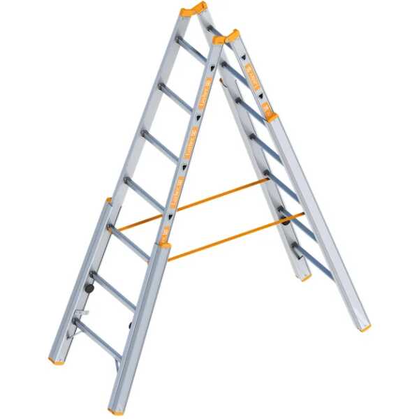 Layher 2x7 Telescopische dubbele scharnierladder met 4 uitschuifbare poten - 2.10m