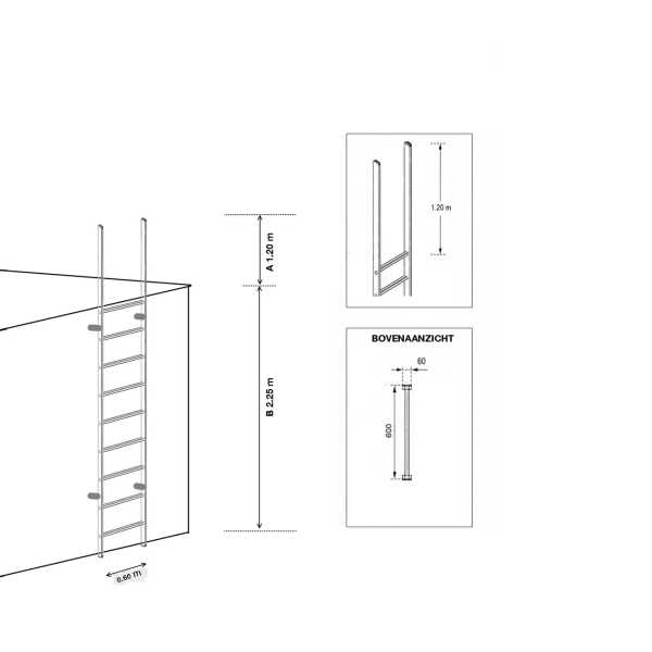Noodladder met kooi 2.25 m – met uitstap 1.20 m