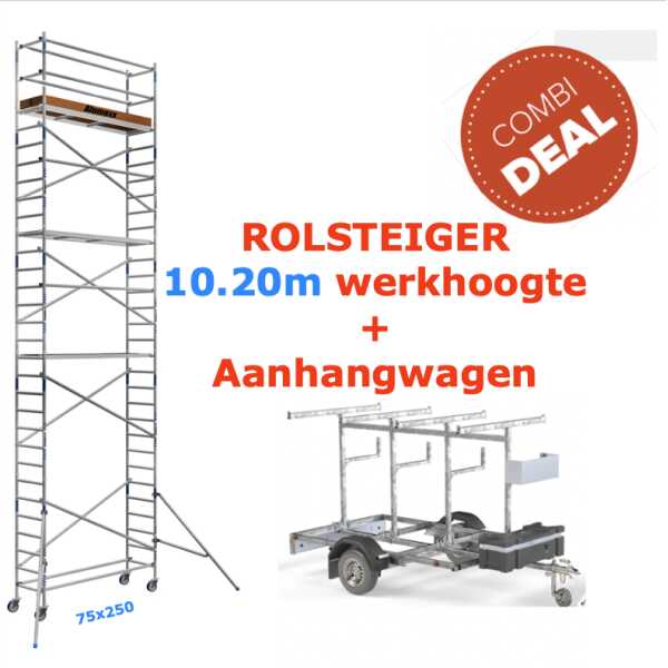 Combideal aanhangwagen + rolsteiger Alumexx Light 75x250 10,2m werkhoogte