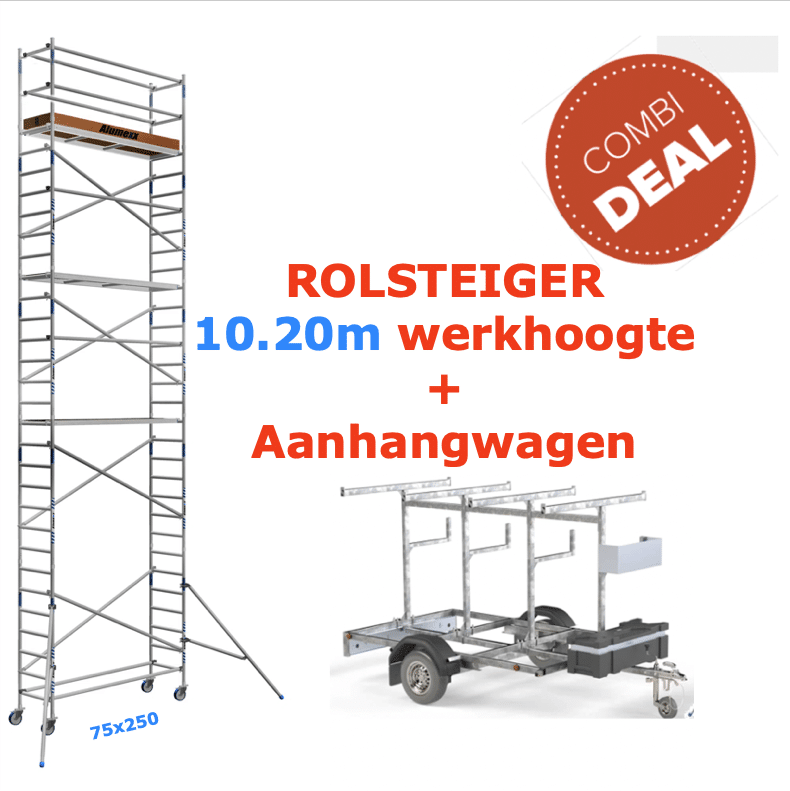 Combideal aanhangwagen + rolsteiger Alumexx Light 75x250 10,2m werkhoogte