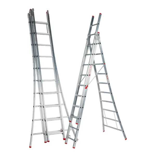 Solide Eco 3x10 sporten Professionele 3-delige reformladder met gebogen voet en spreidbeveiliging - 6.25m