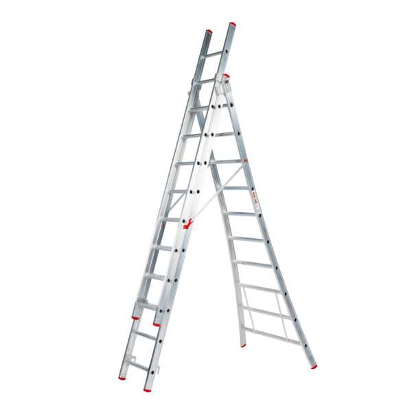 Solide Eco 3x10 sporten Professionele 3-delige reformladder met gebogen voet en spreidbeveiliging - 6.25m