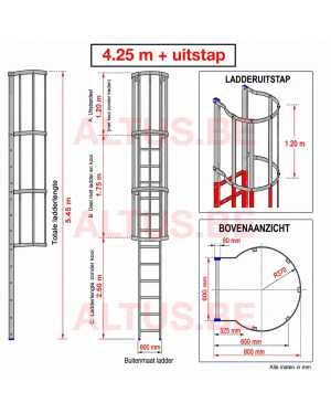 Noodladder met kooi 4.25 m – met uitstap 1.20 m