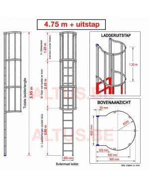 Noodladder met kooi 4.75 m – met uitstap 1.20 m