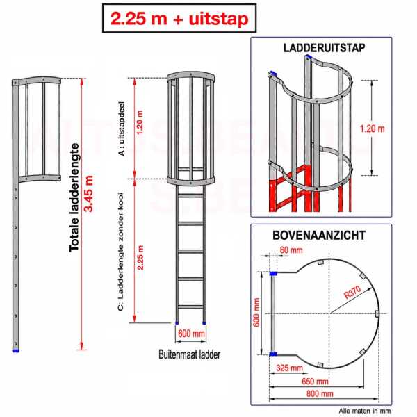 Noodladder met kooi 2.25 m – met uitstap 1.20 m